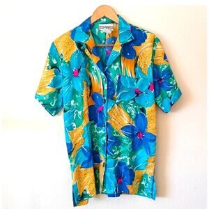 Vintage Peter Popovitch watercolor floral Hawaiian button up shirt